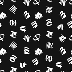 Seamless pattern with handwritten white doodles and squiggles on a black background. Monochrome palette. Vector illustration