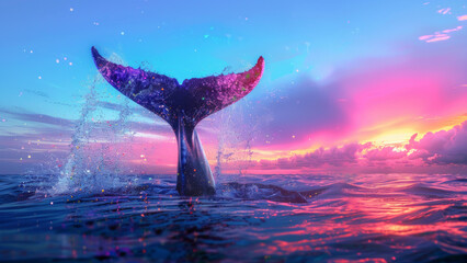 Whale Tail Emerging from Ocean at Colorful Sunset