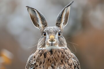 A captivating hybrid creature combining attributes of both a rabbit and a hawk, presenting a unique blend of fur, feathers, and expressive features in natural lighting.