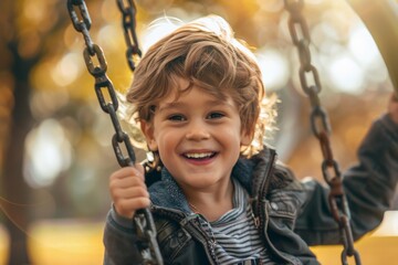 A young child with a joyful smile enjoys swinging at a sunlit park enveloped in autumn colors, radiating happiness and capturing the essence of a playful, carefree day.