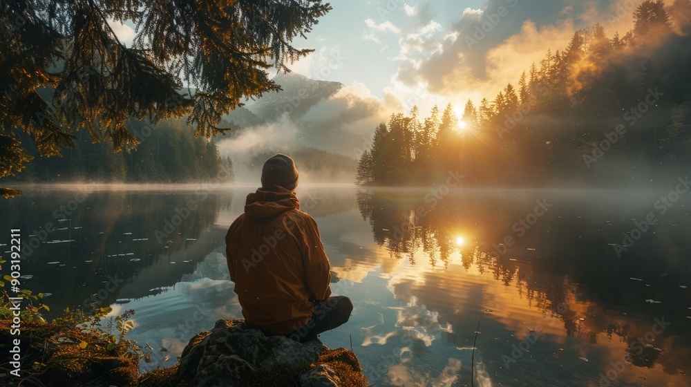 Wall mural serene sunrise over calm lake with individual meditating in nature