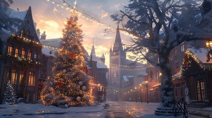 Fototapeta premium Festive Cheer Fills the Winter Town Square with a Beautifully Decorated Holiday Tree
