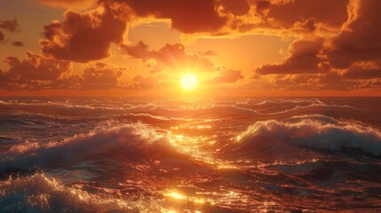 Fototapeta premium Vibrant ocean sunrise over gentle waves with dramatic cloud formation