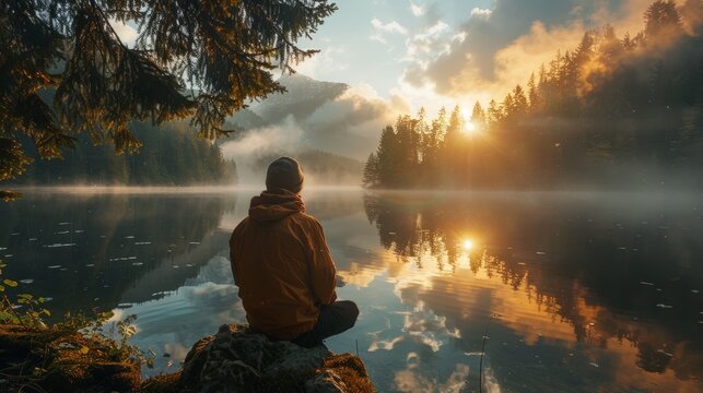 Serene sunrise over calm lake with individual meditating in nature