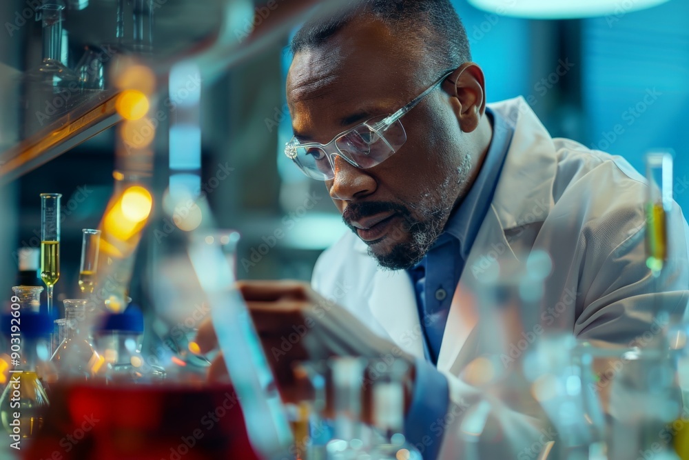 Poster A scientist wearing a lab coat and gloves is seen deeply focused on analyzing samples in a laboratory setting, emphasizing the attention to detail and thoroughness involved in scientific research.
