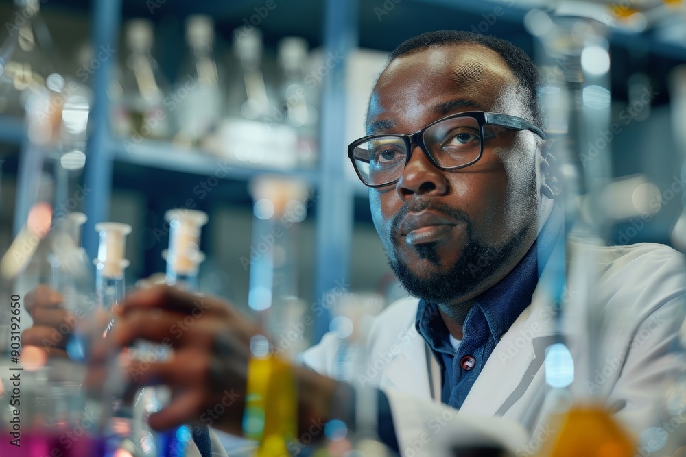 Poster This image shows a dedicated scientist wearing a lab coat and gloves, performing testing in a laboratory surrounded by various test tubes and instruments, symbolizing precision and meticulousness.