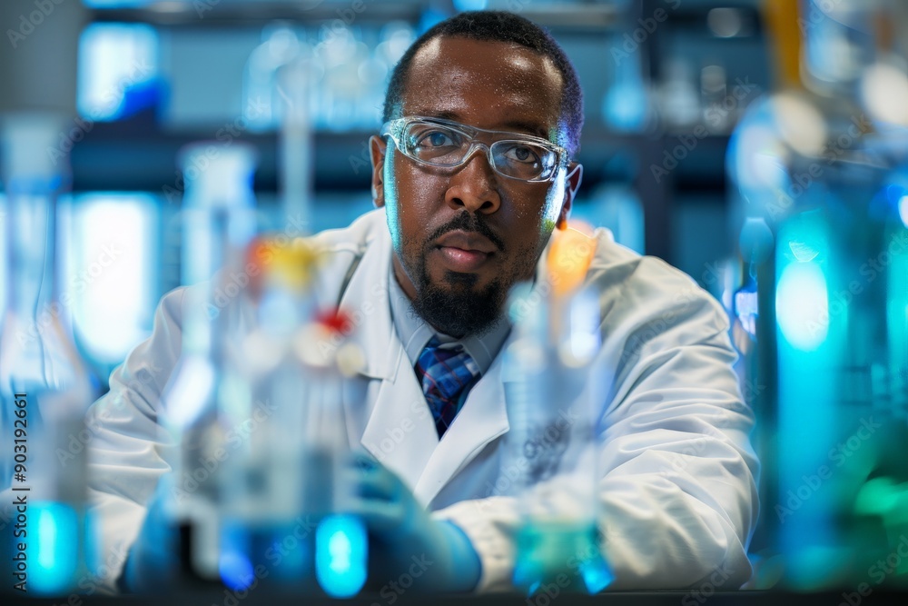 Aufkleber a scientist in a laboratory actively analyzing samples amid diverse laboratory equipment, illustrati