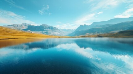 Serene alpine lake with reflections of the mountains, tranquil morning 