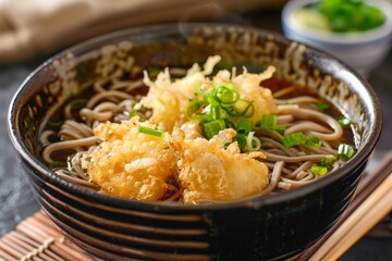 A bowl of delicious udon soup topped with crispy tempura and garnished with fresh green onions, creating a visually appealing and flavorful dish.