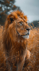 Fototapeta premium Lion portrait on savanna landscape