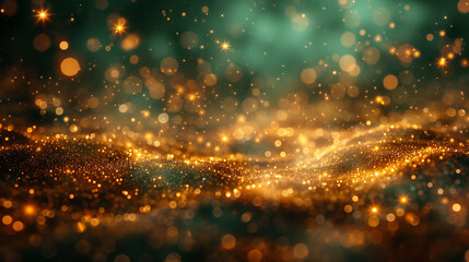 abstract Christmas golden green background with bokeh effects, filled with warm golden lights, with a dreamy appearance of glowing lights, an ethereal, magical, serene mood for a holiday theme