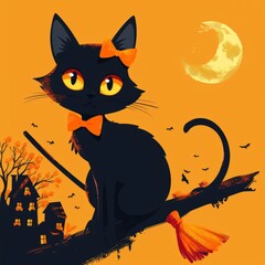 Black Cat on a Broom with a Crescent Moon