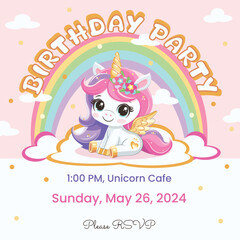 Birthday party invitation template with golden horn and wings, sitting on a cloud with a rainbow. Vector illustration in flat cartoon style