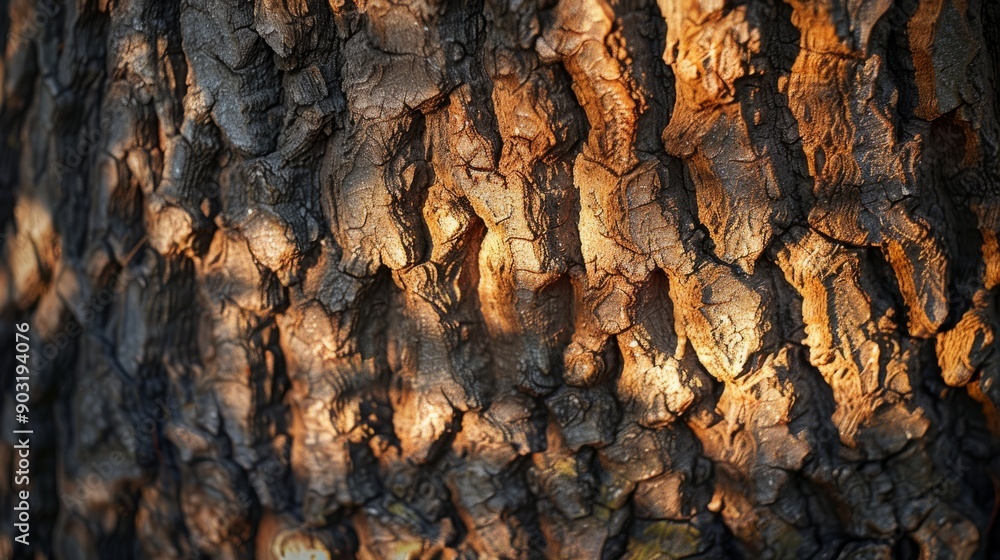 Poster close-up of textured tree bark with shade patterns at sunset