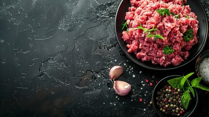 Fresh mince beef on dark surface with herbs and spices for culinary use
