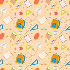 Back to school seamless pattern with bright colorful illustrations of school supplies. Background with education elements, backpack, alarm clock, book, paints, ruler, markers