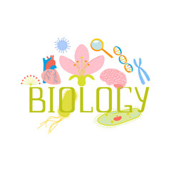 Arrangement design with biology lessons illustrations and lettering. School laboratory and science elements microscope, cells, dna, ciliate slipper, chromosome,  heart, brain, bacteria, virus, flower