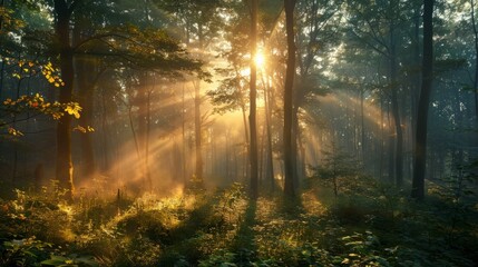 Morning light filtering through trees in a serene forest