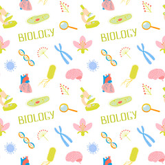 Seamless pattern design with biology illustrations and lettering. Background with school science elements, microscope, cells, dna, ciliate slipper, chromosome, heart, brain, bacteria, virus, flower