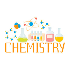 Arrangement design with chemistry lessons illustrations and lettering. School laboratory and science elements, test tubes, bunsen burner, microscope, molecules, atoms