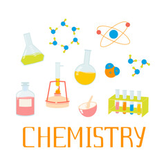 Arrangement design with chemistry lessons illustrations and lettering. School laboratory and science elements, test tubes, bunsen burner, microscope, molecules, atoms