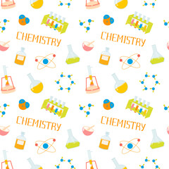 Seamless pattern design with chemistry illustrations and lettering. Background with school laboratory and science elements, test tubes, bunsen burner, microscope, molecules, atoms
