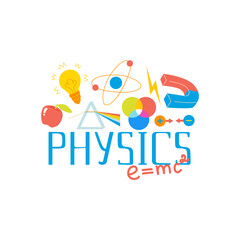 Arrangement design with physics lessons illustrations and lettering. School laboratory and science elements, magnet, atoms, elements, spectrum, light, formula, lightbulb, radiation, molecules