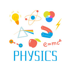 Arrangement design with physics lessons illustrations and lettering. School laboratory and science elements, magnet, atoms, elements, spectrum, light, formula, lightbulb, radiation, molecules