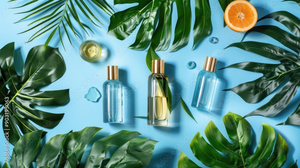 Sticker Cosmetic bottles for skincare on blue background with tropical leaf Beauty product packaging design in flat lay style