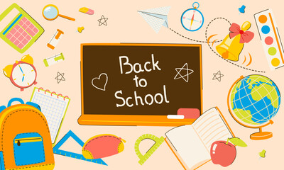 Back to school banner background with school supplies illustrations, blackboard and lettering. Design for posts, flyer, social media, banner. Education elements, backpack, books,  paints, pencil box