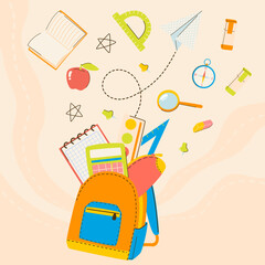 Back to school banner background with bright colorful illustrations of school supplies, backpack, books, paints, pencil box, ruler, markers. Design for posts, flyer, social media, banner