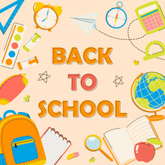 Back to school banner background with illustrations of school supplies and lettering. Design for posts, flyer, social media, banner. Education elements, backpack, books, alarm clock, globe, paints