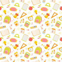 Back to school seamless pattern with bright colorful illustrations of school supplies: backpack, lunchbox, alarm clock, book, paints, ruler, markers. Background with kds education elements