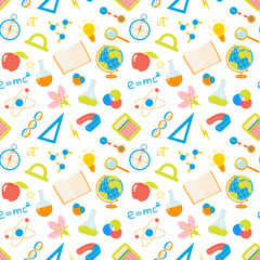 Back to school seamless pattern with bright colorful illustrations of school subjects, science,chemistry, biology, geography, art. Background with kids education elements