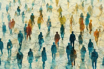 This graphic showcases a large assembly of simple people shapes connected by lines, visually representing the complex web of relationships and connections within a social network.