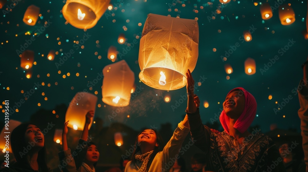 Poster a group of people joyfully releasing floating lanterns into the night sky during a festival, creatin
