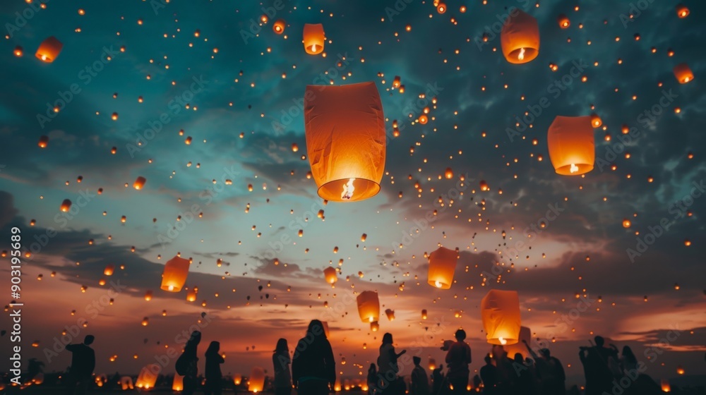 Poster an enchanting scene featuring numerous glowing lanterns floating against the evening sky with silhou