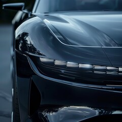 Sleek electric coupe concept car  shark nose design with bold headlights and led strip detail