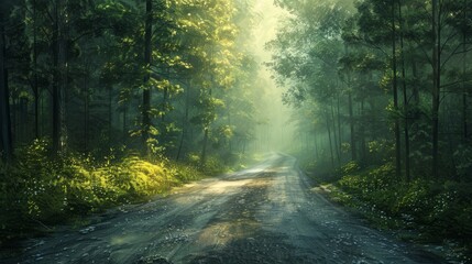 Tranquil forest road illuminated by morning light