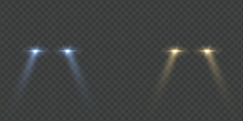 Cars light effect. White glow car headlight bright beams ray isolated on transparent background