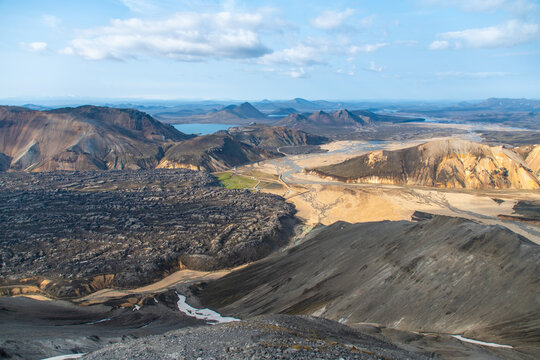 panorama from atop sulphur mountain with lava field below in Landmannalaugar in Iceland
