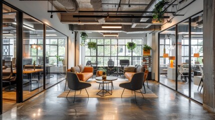 Depicting an open-plan office with a modern design, this image features sleek furniture, ample natural lighting, and green plants, fostering a productive and innovative workspace.