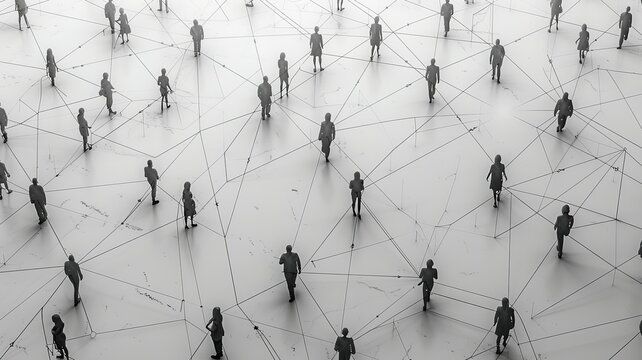This graphic showcases a large assembly of simple people shapes connected by lines, visually representing the complex web of relationships and connections within a social network.