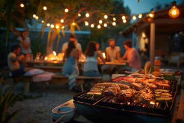 An inviting image of an outdoor evening barbecue where friends are enjoying their time together, with string lights illuminating their surroundings and food grilling on the barbecue.