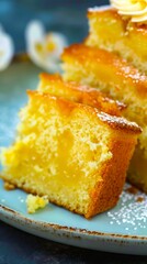 A slice of lemon cake on a blue plate