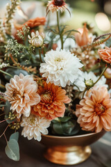 Bouquet of yellow and light orange chrysanthemums in a golden vintage vase