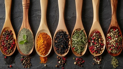 Variety of spices displayed on wooden spoons for culinary inspiration