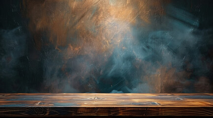 Dark smoky background with a central spotlight on an elegant wooden desk ideal for presenting new culinary products or restaurant menus