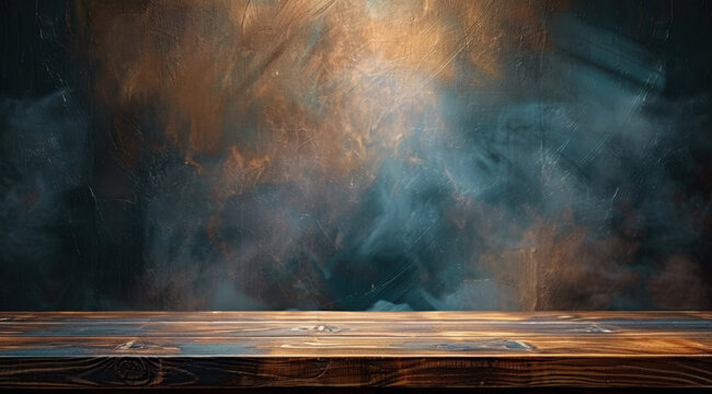 Dark smoky background with a central spotlight on an elegant wooden desk ideal for presenting new culinary products or restaurant menus