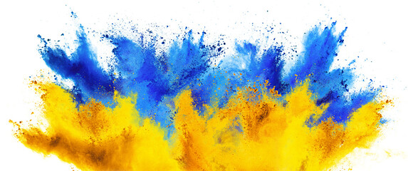 colorful flag of ukraine with blue yellow  color holi paint powder explosion isolated white background. ukrainian symbol travel freedom and tourism concept.